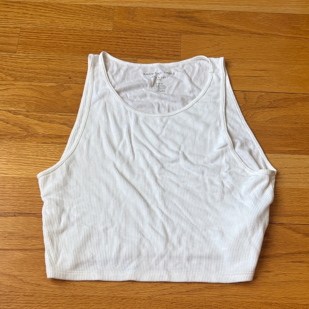 American Eagle Soft and Sexy Ribbed White High Neck Halter Tank Top